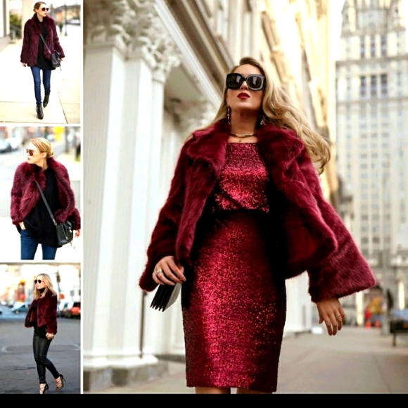 Express Faux Fur Coat Special Edition Bordeaux Teddy Bear Fleece Jacket - Picture 12 of 12